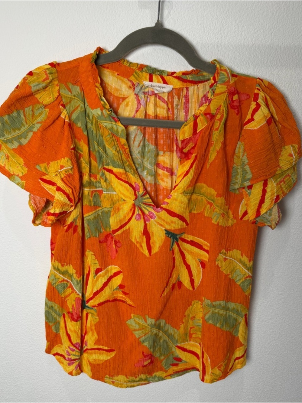 Haute Hippie Style Tropical Floral Flutter Sleeve Blouse XL Orange Boho Coastal - Picture 2 of 14